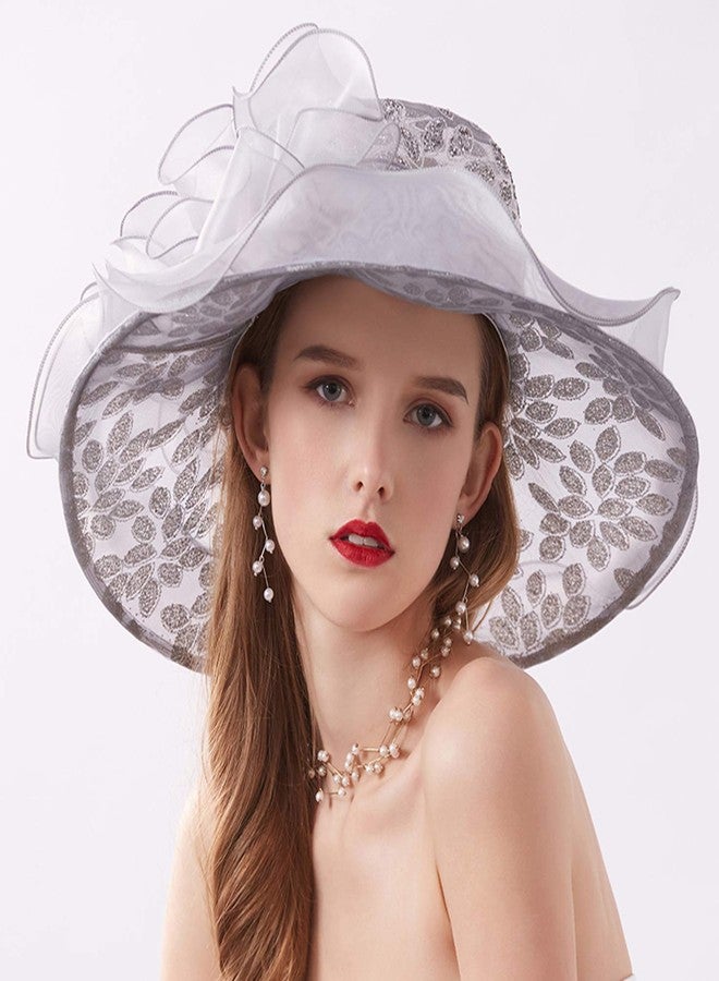 ORIDOOR Women’s Organza Church Tea Party Wedding Fascinator Hat UV-Anti Wide Brim Sun Hats A Grey, One Size - Image 4